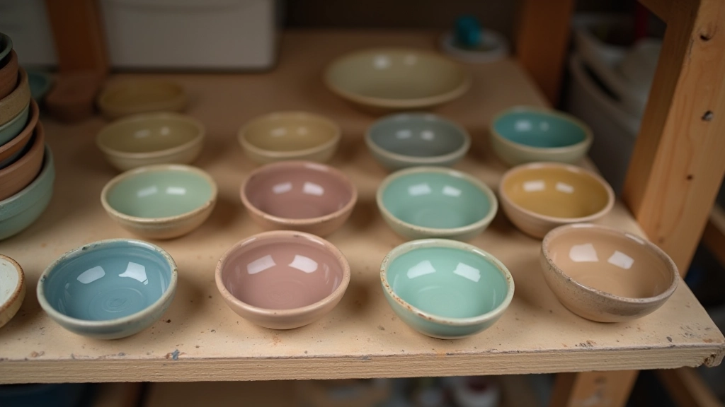 Selection of ceramic glazes in bowls with color samples applied to test tiles