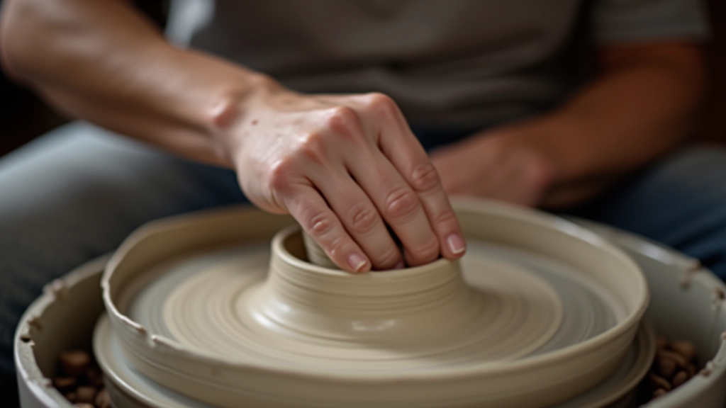 Close-up of hand positions during clay wall lifting on pottery wheel, showing proper finger alignment and pressure points