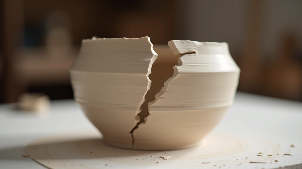 Pottery piece that collapsed during throwing showing cracks and deformation from structural failure