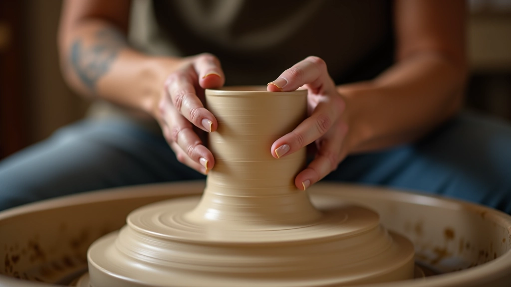 Close-up of hands shaping wet clay on a spinning pottery wheel in a well-lit workshop