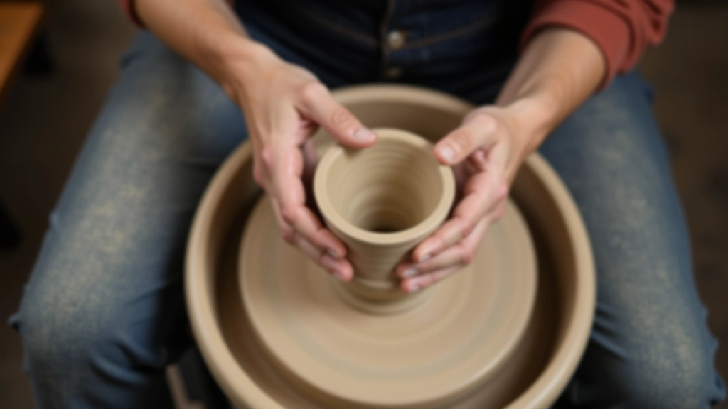 Overhead view of proper hand positioning on pottery wheel during throwing, showing arm placement and finger alignment