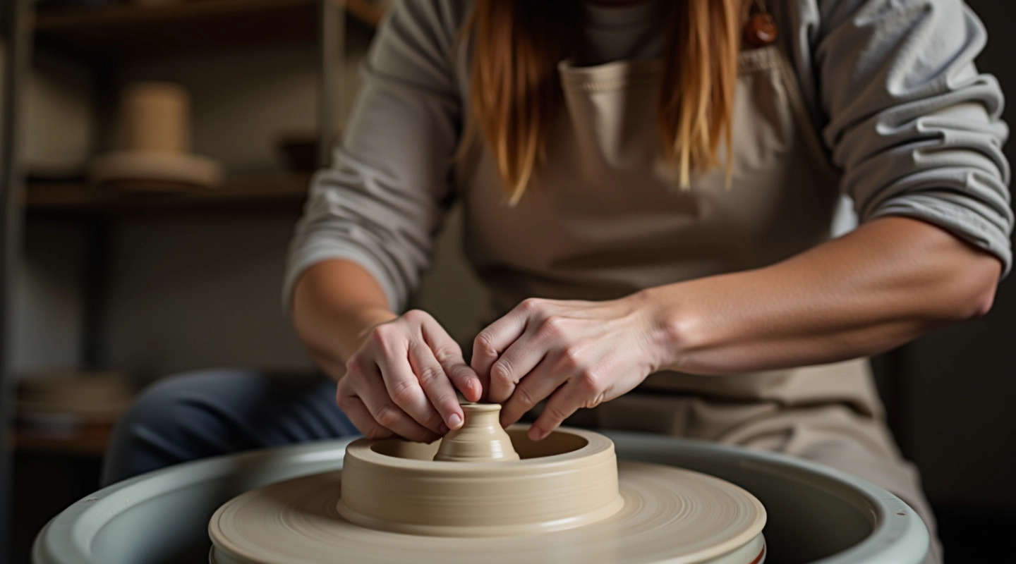 Potter's hands shaping clay on spinning wheel with focused concentration