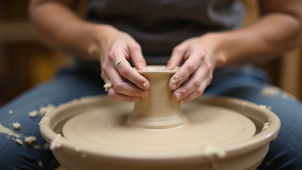 Close-up of potter's hands centering clay on wheel, showing proper hand positioning and grip
