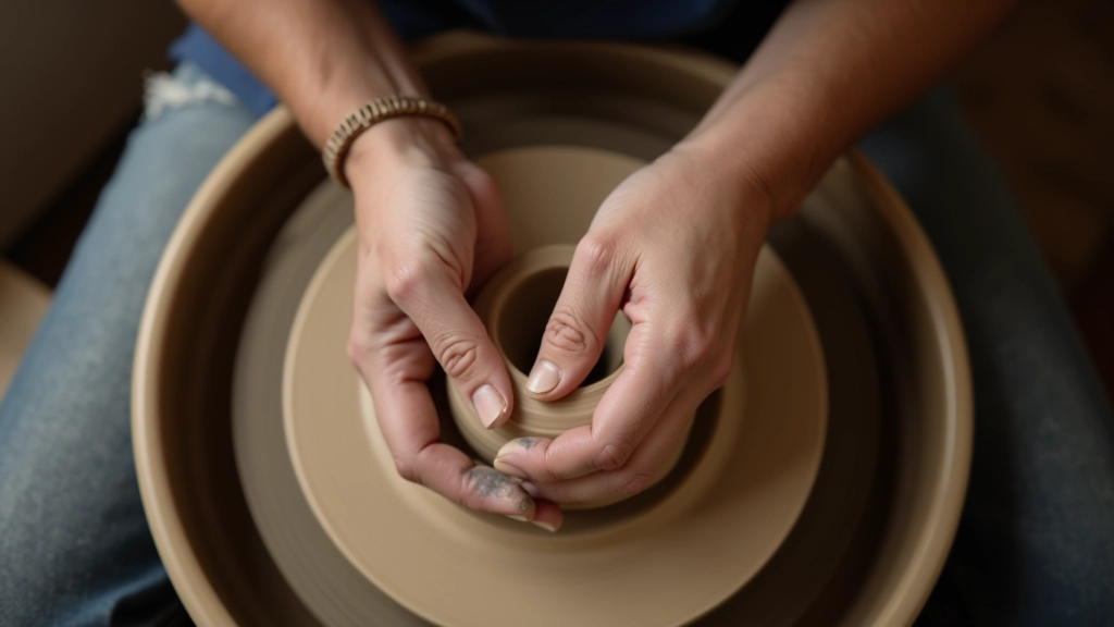 Detailed overhead view of correct hand positioning during centering, showing thumb and finger placement on spinning clay