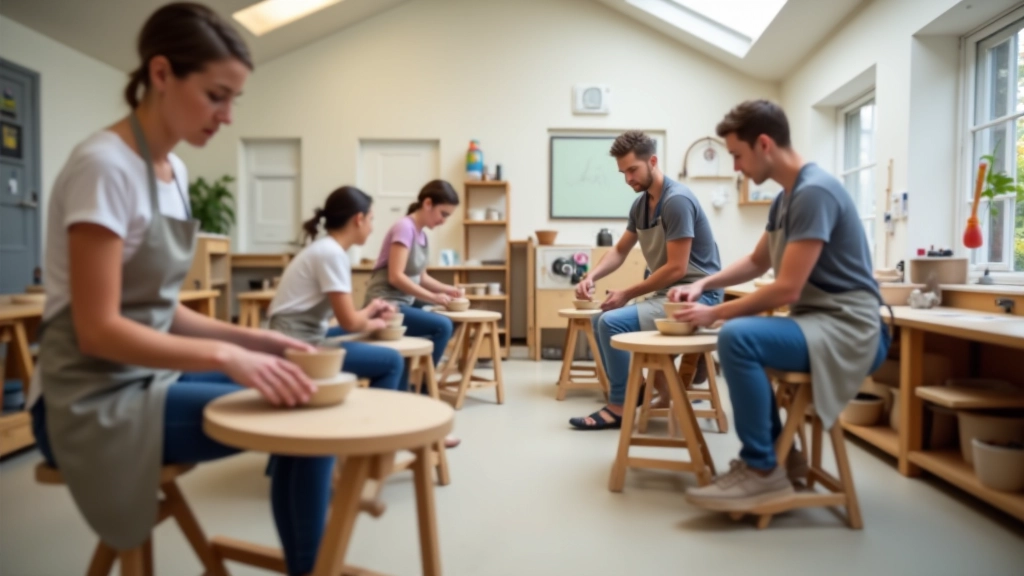 Pottery workshop classroom with multiple potter's wheels and students learning from instructor
