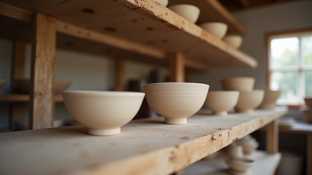 Pottery studio workspace showing shelves of finished ceramic pieces and work in progress items drying