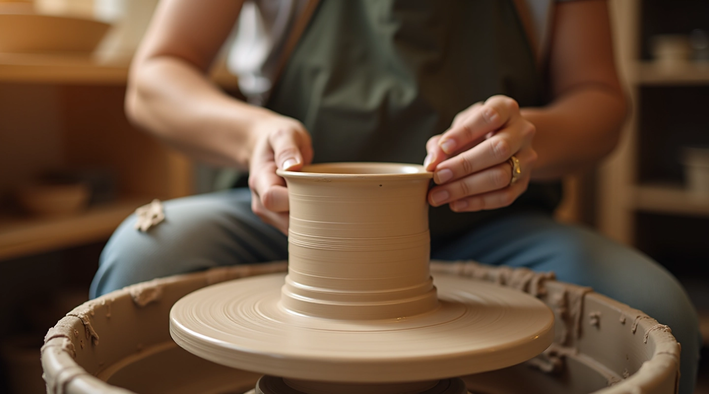 Hands shaping clay on a pottery wheel with soft studio lighting