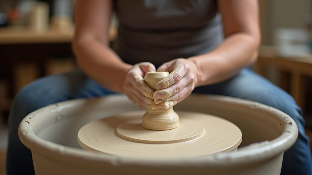 Wide angle view of pottery wheel with clay being centered, showing full studio setup and lighting environment